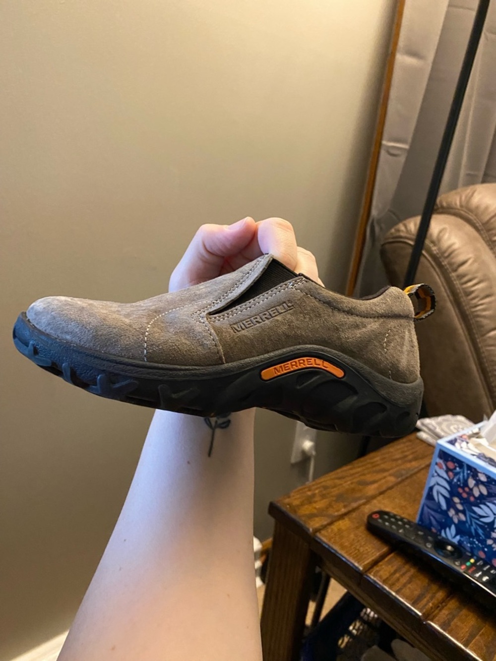 Merrell Kids Taupe Suede Slip-On Loafer with Orange Accent